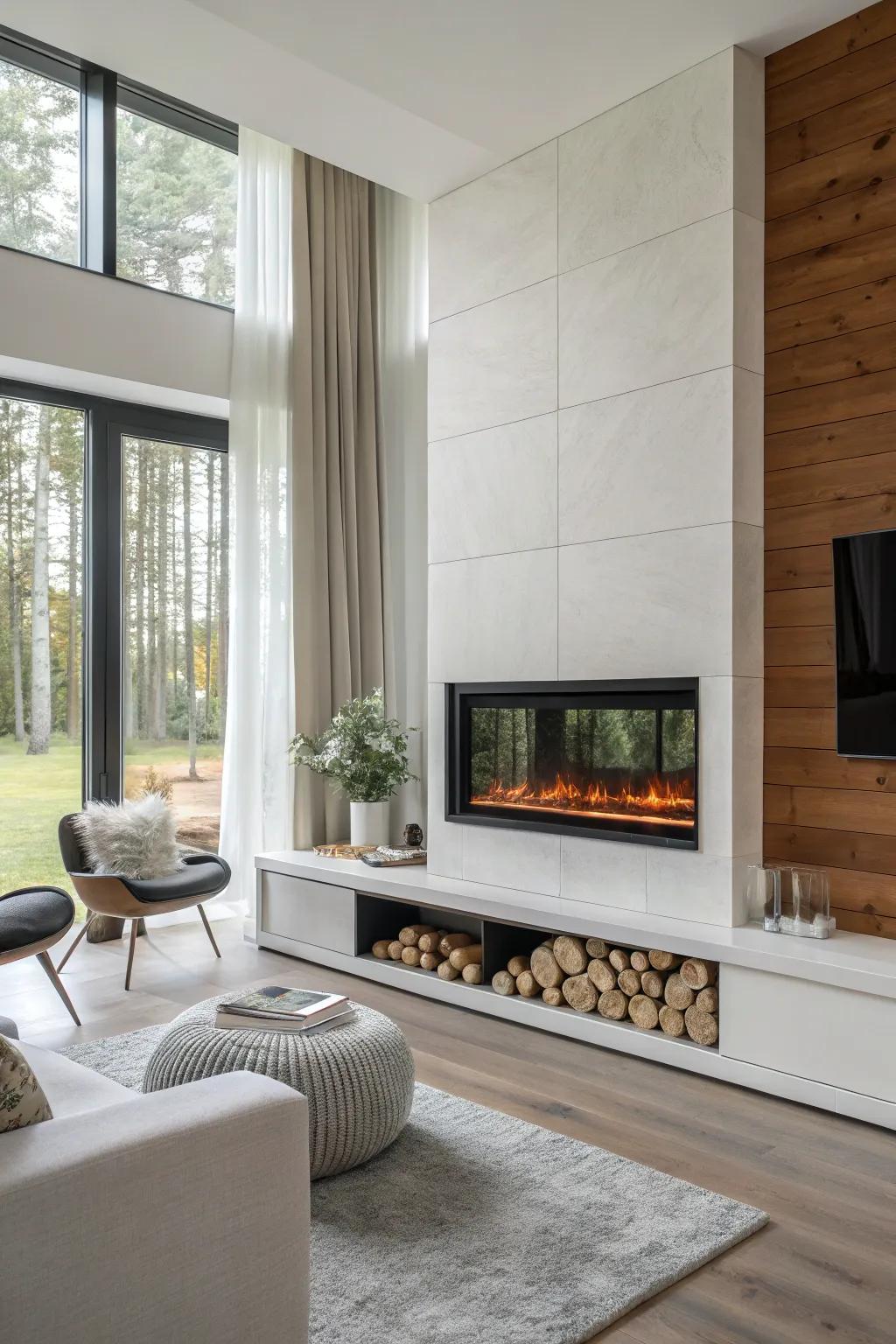 An elegant wall-mounted electric fireplace in a simple living space