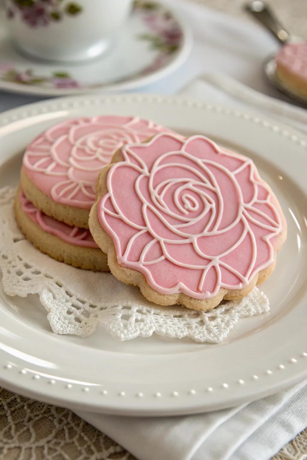 Quintessential rose cookies featuring elaborate pink glaze intricacies.