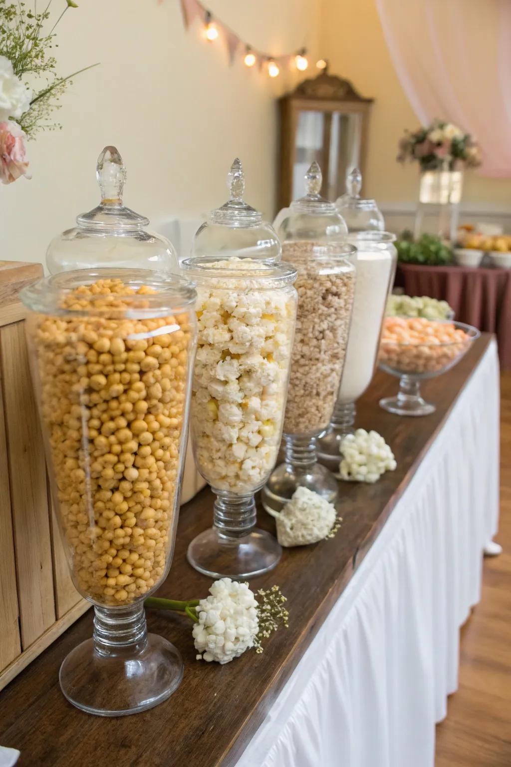 A curated selection of specialty popcorn flavors presented beautifully in transparent containers.