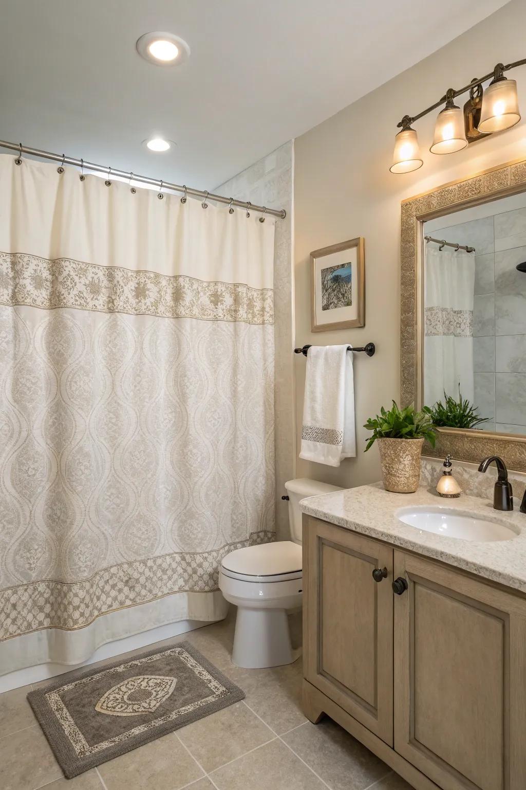A bathroom showcasing a classic, neutral-toned shower curtain for enduring style.