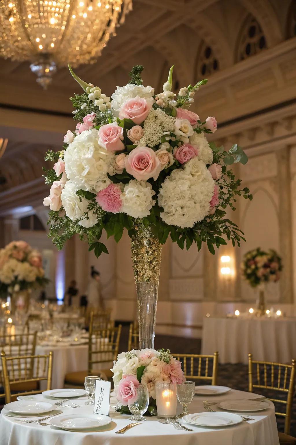 Lush floral arrangement creates a romantic atmosphere