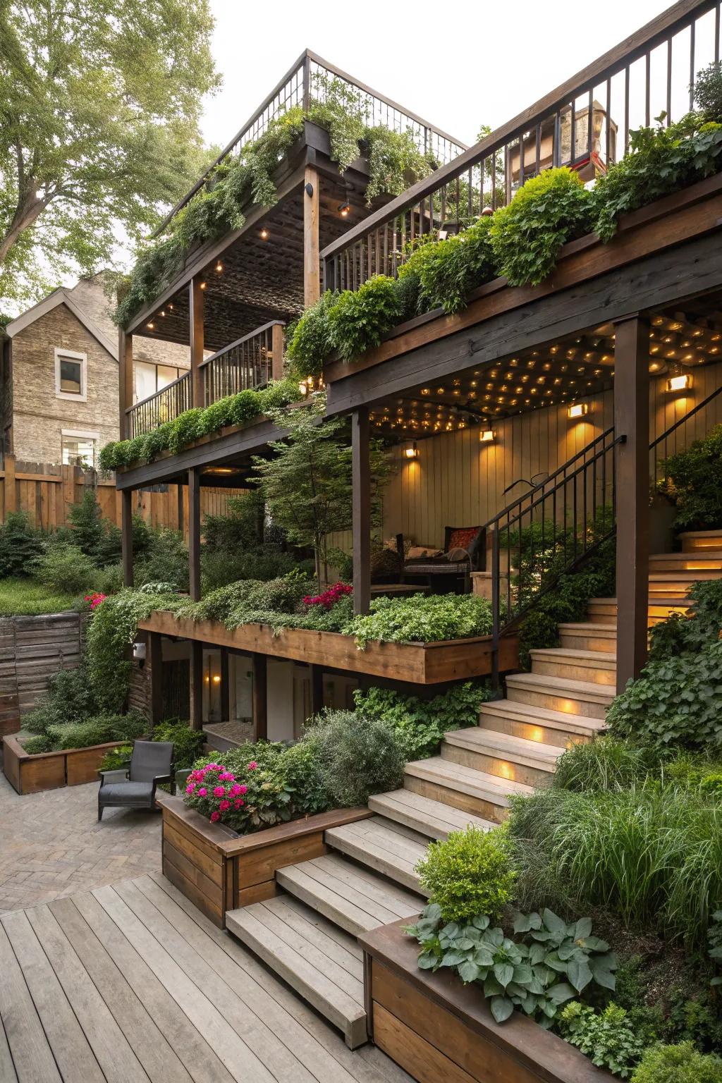 Patios with multiple levels cleverly divide the space into different functional areas for dining and relaxing.