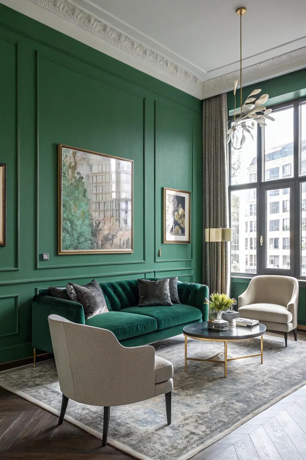 Striking deep green focus wall within a modern living space.