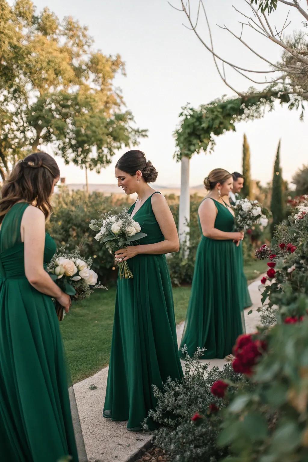 Bridesmaids at a garden wedding dressed in breathtaking emerald green gowns.