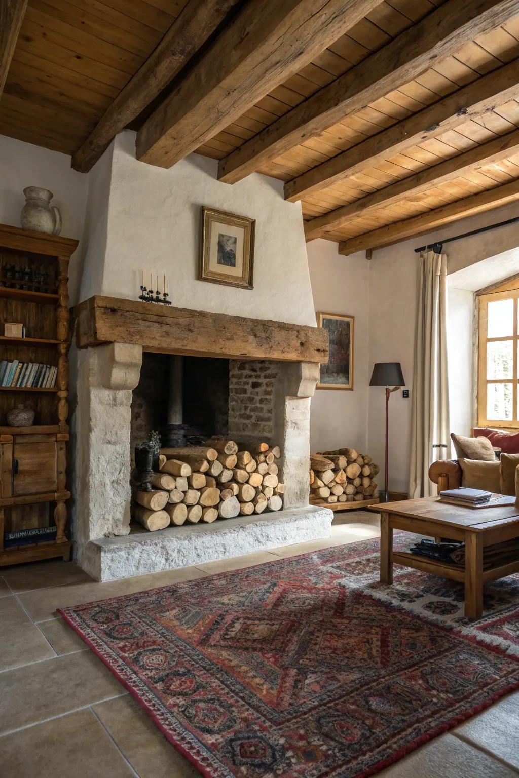Produce a snug, countryside atmosphere by stacking timber in your empty fire space.