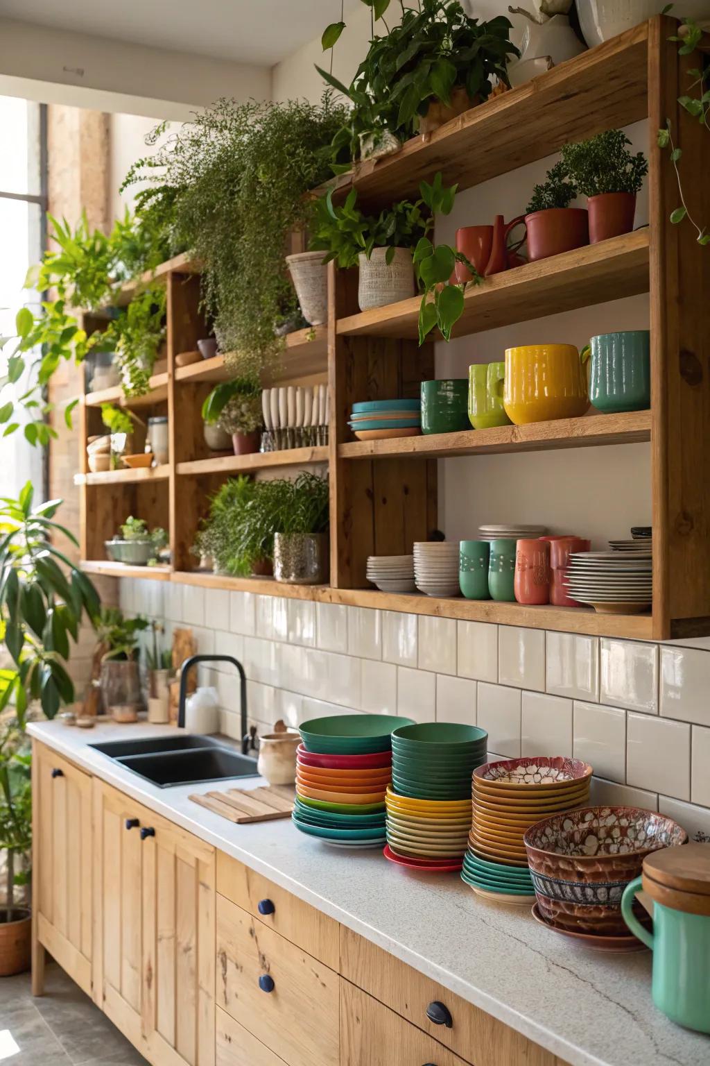 Visible shelves provide both elegance and function to a blank kitchen wall.