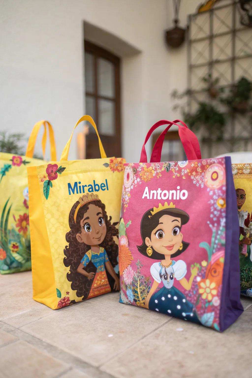 Custom Encanto character bags personalized with each guest’s name.