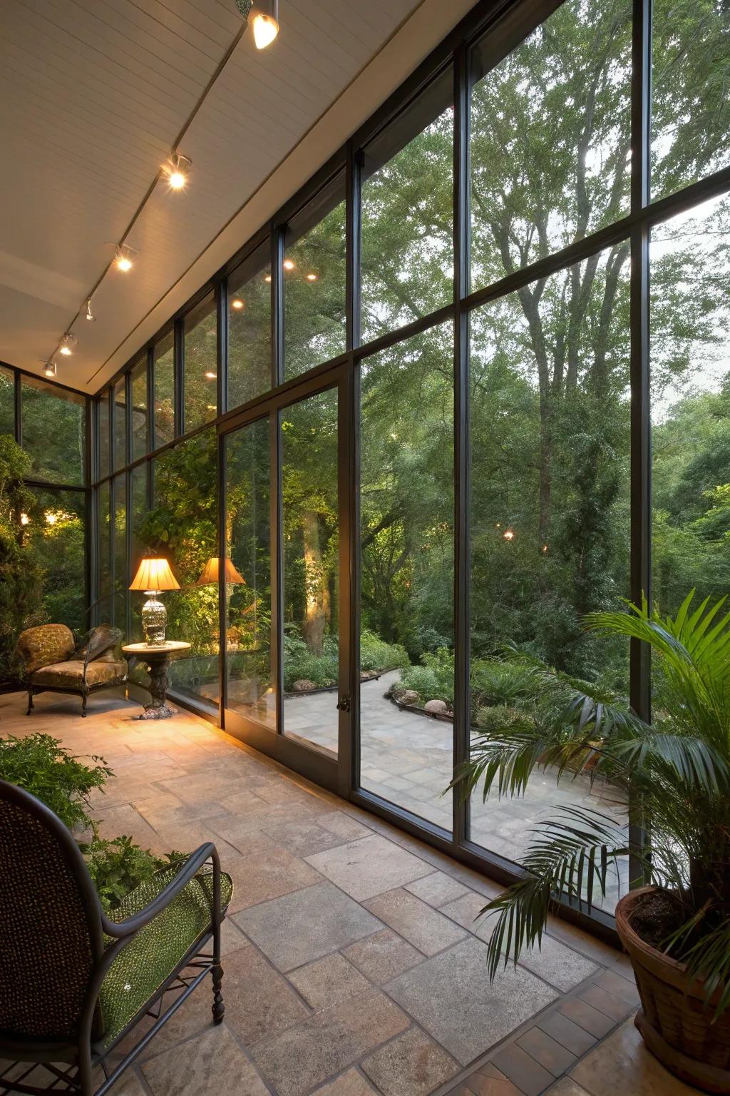 A serene glass-walled patio offering panoramic views of the surrounding garden.