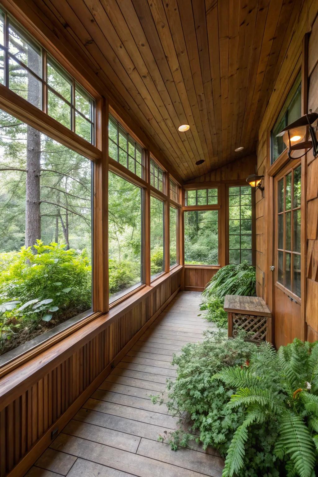 A sheltered porch showcases the allure of redwood cladding.