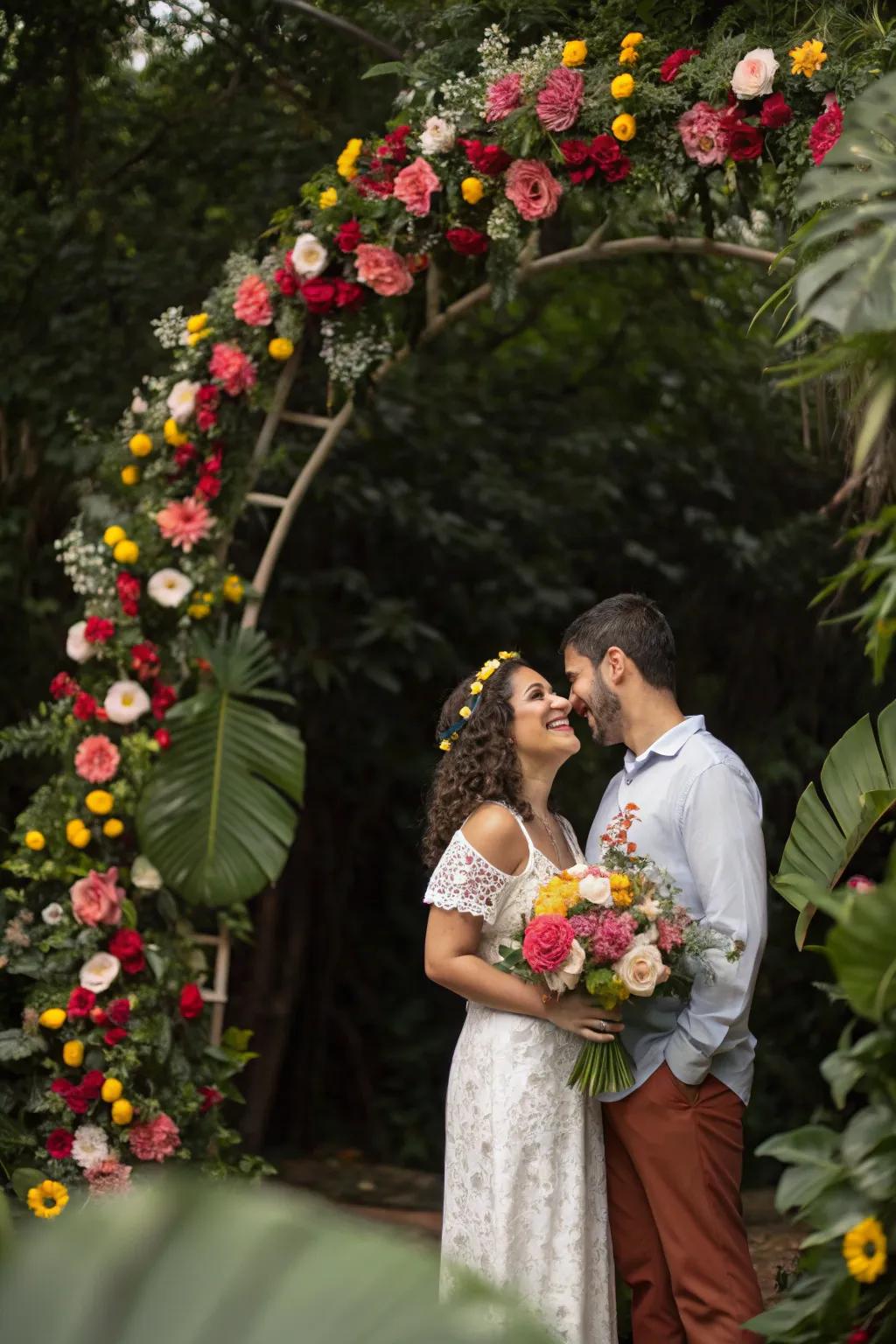 A lavish floral arch forms a stunning backdrop for engagement festivities.