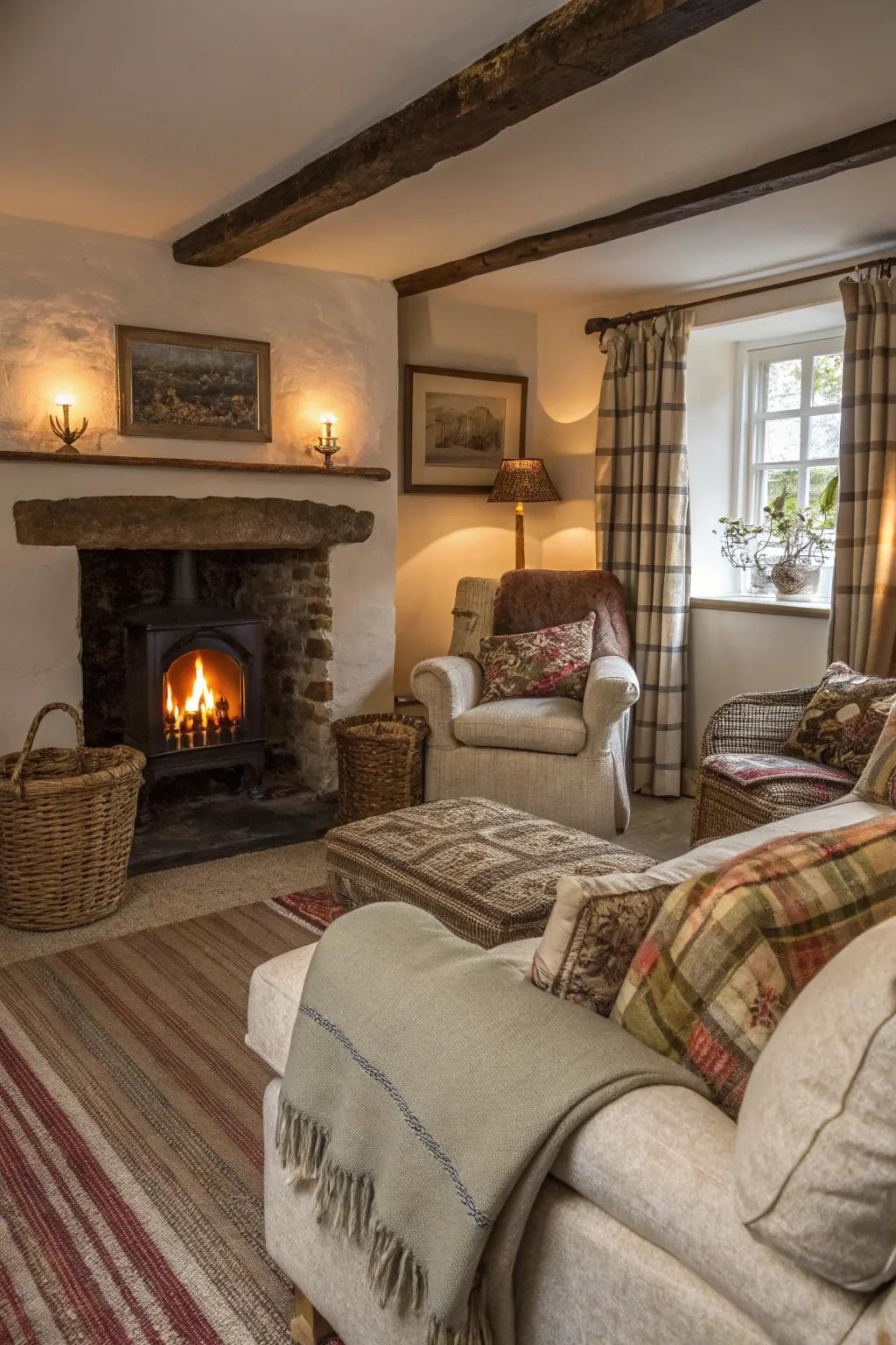The combination of layered fabrics and a crackling fireplace creates a cozy cottage ambience.