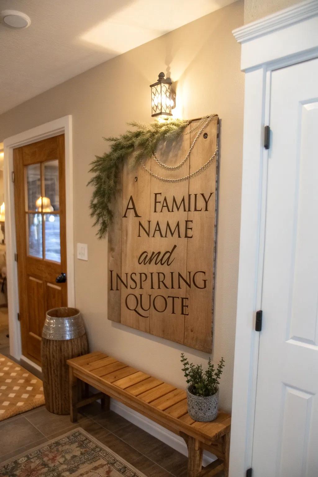 A timber panel engraved with a family's name brings a sense of comfort and character to an entryway.