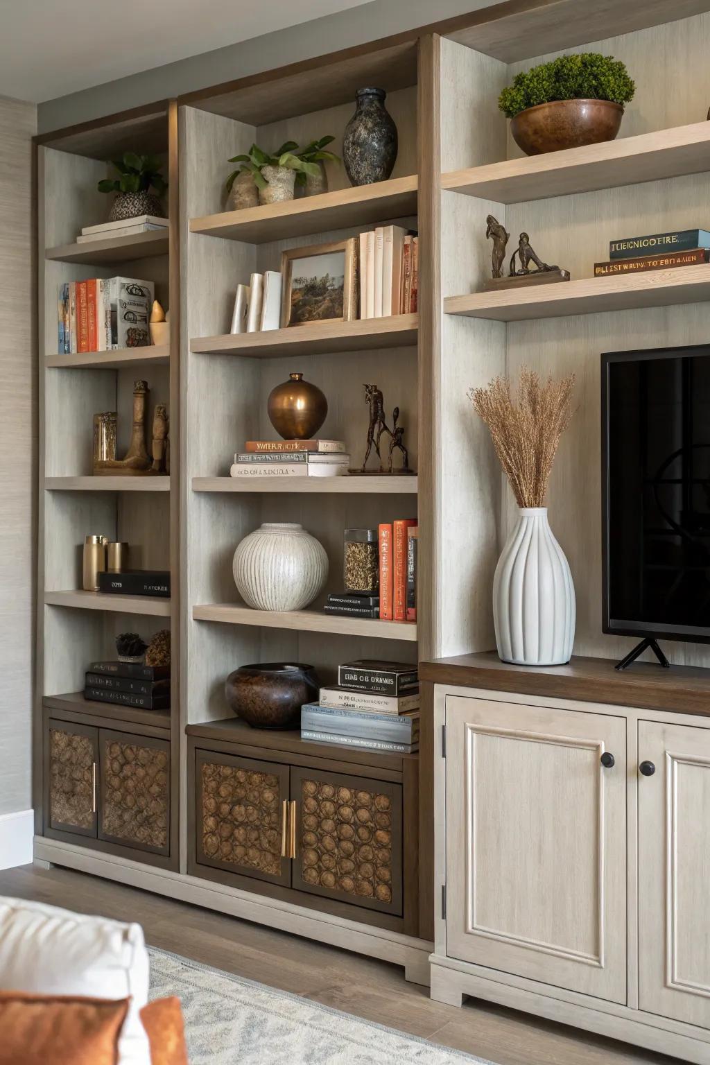 An entertainment center showcasing open shelves adorned with a variety of decorative items.
