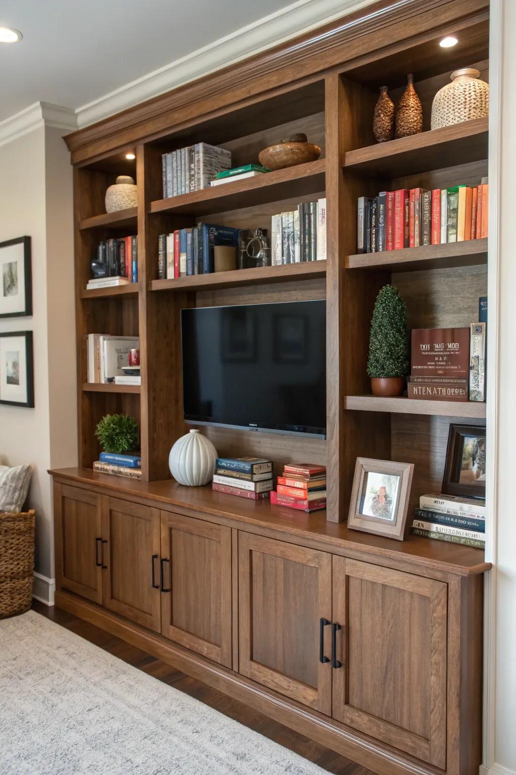 A built-in entertainment center showcasing a curated display of books and decorative items.