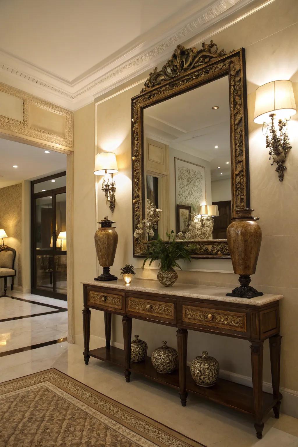 A striking mirror becomes the focal point of this inviting foyer.