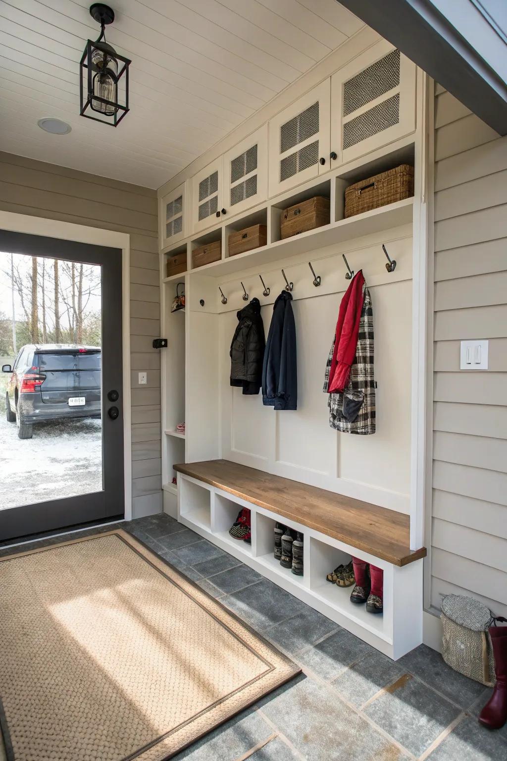 Transform your entryway into a functional mudroom with efficient storage solutions.