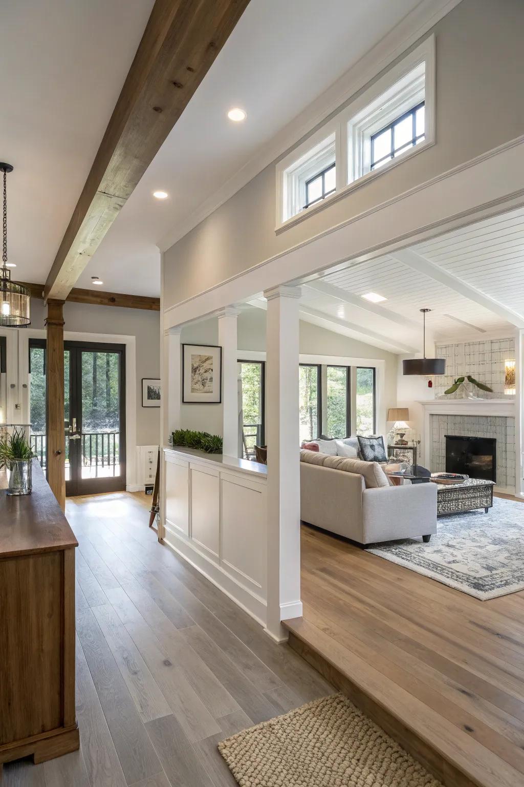 An open-concept layout featuring a partial wall that offers a gentle separation.