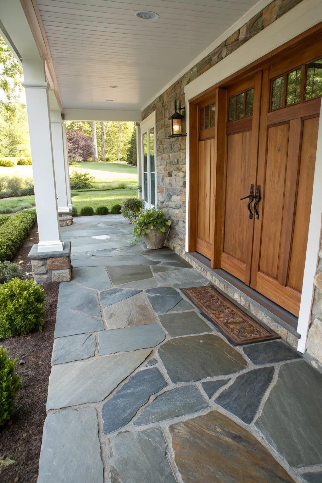A front porch featuring a creative fusion of stone styles for a striking entrance.