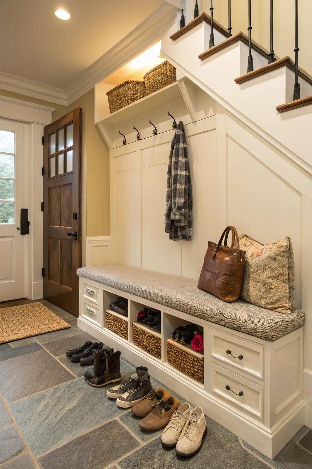 An elegant entryway bench with concealed storage areas, ideal for organizing footwear.