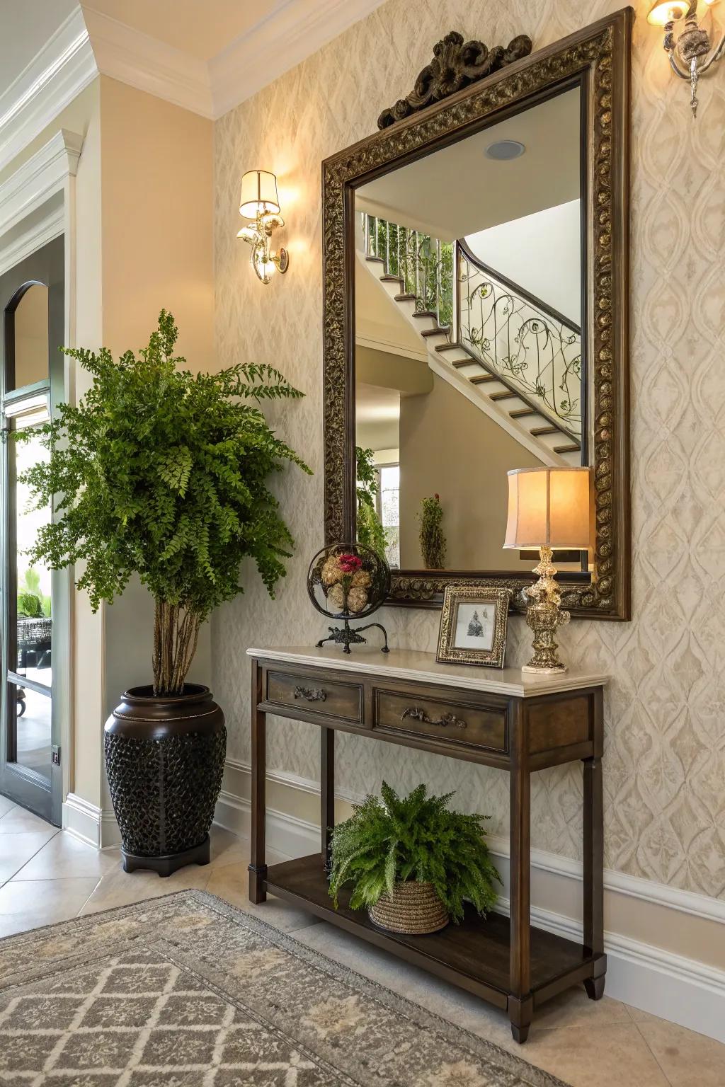 A grand mirror revamps this entryway corner into a roomy and inviting space.