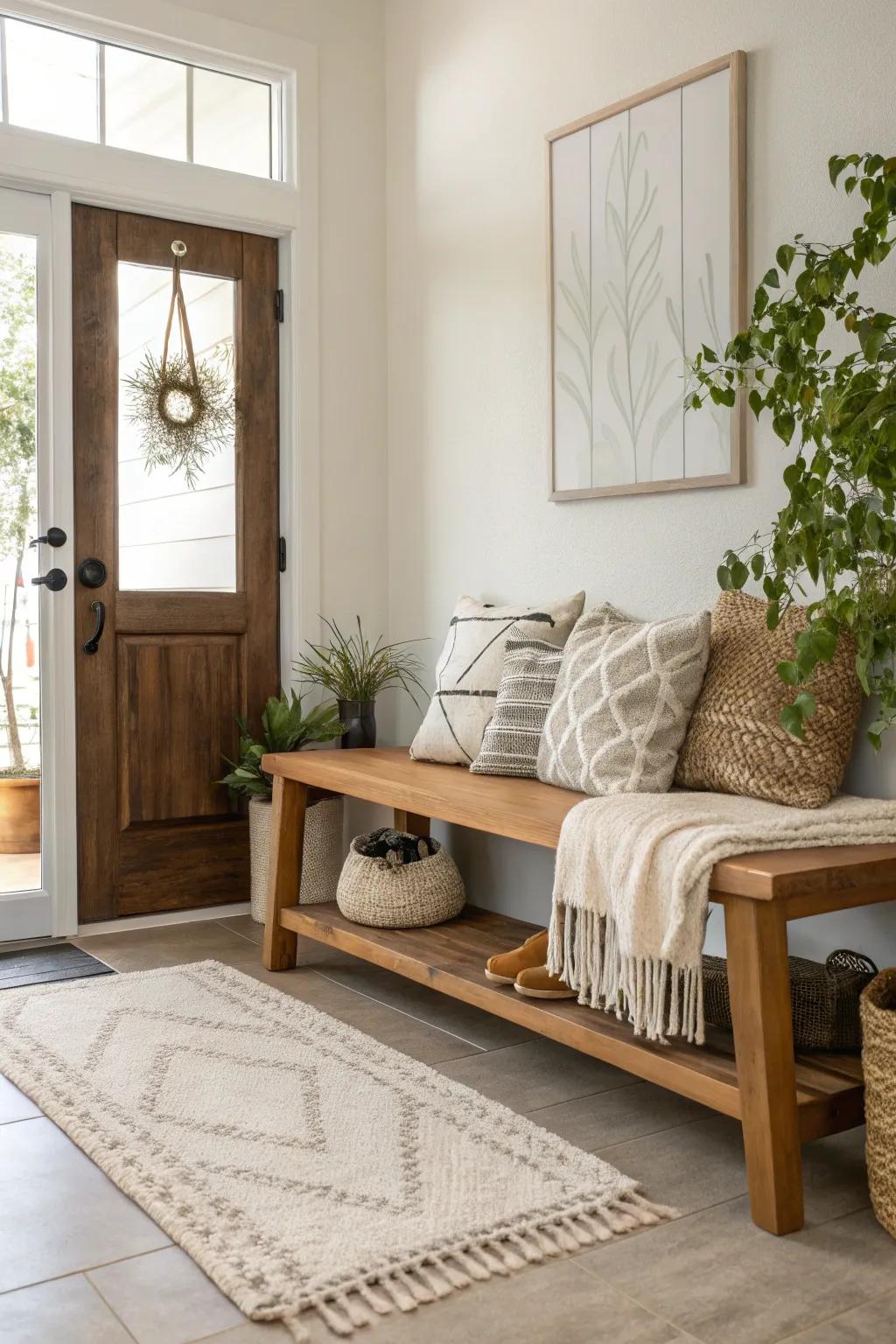 An elegant bench provides a spot to sit and adds style to your entryway.