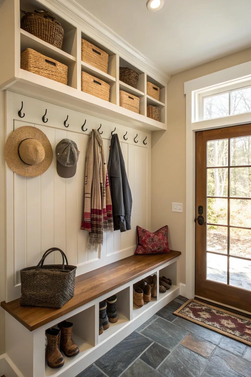 By utilizing vertical storage options, this mudroom stays efficient and well-organized.