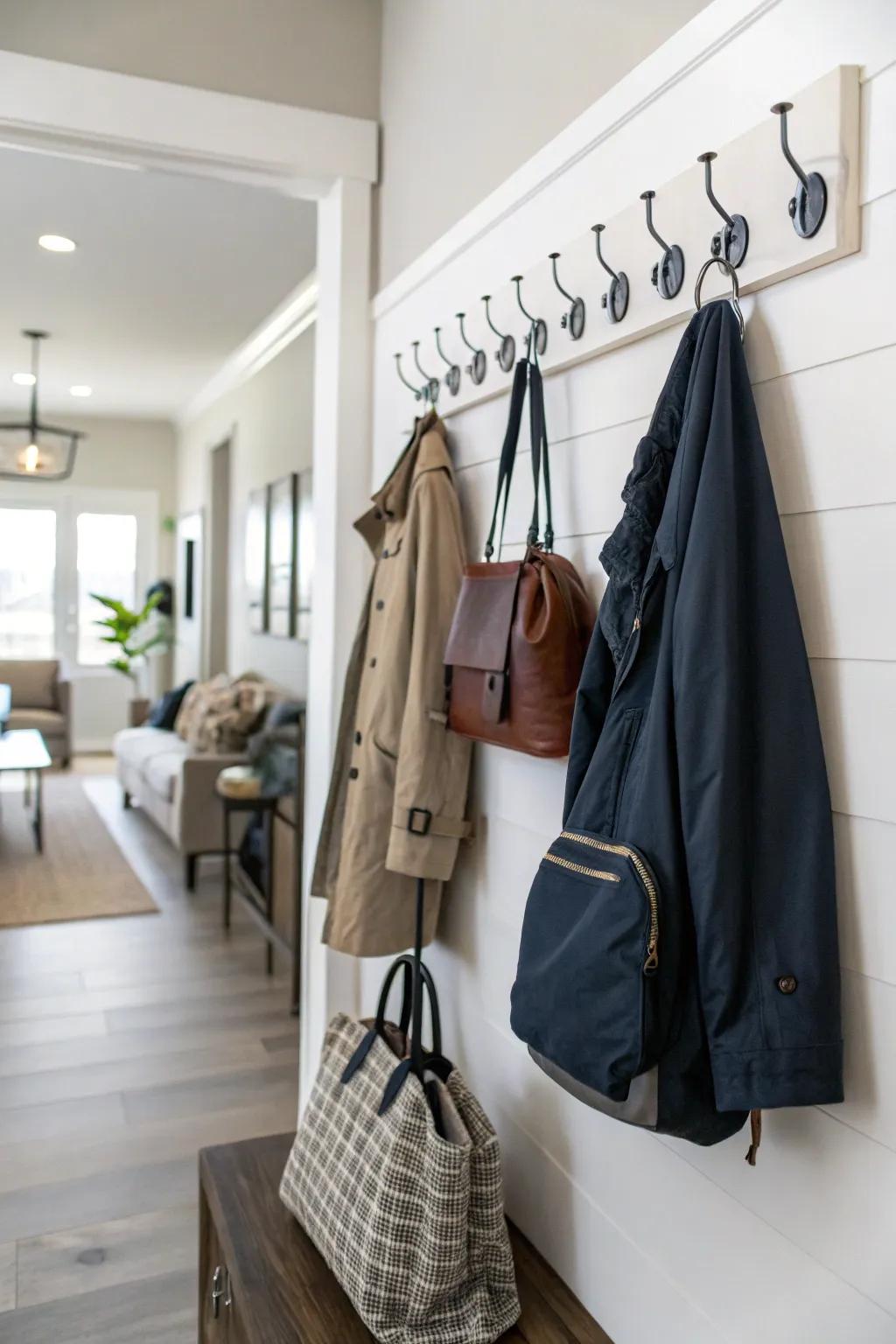 Staggered hangers ensure items are organized and reachable.