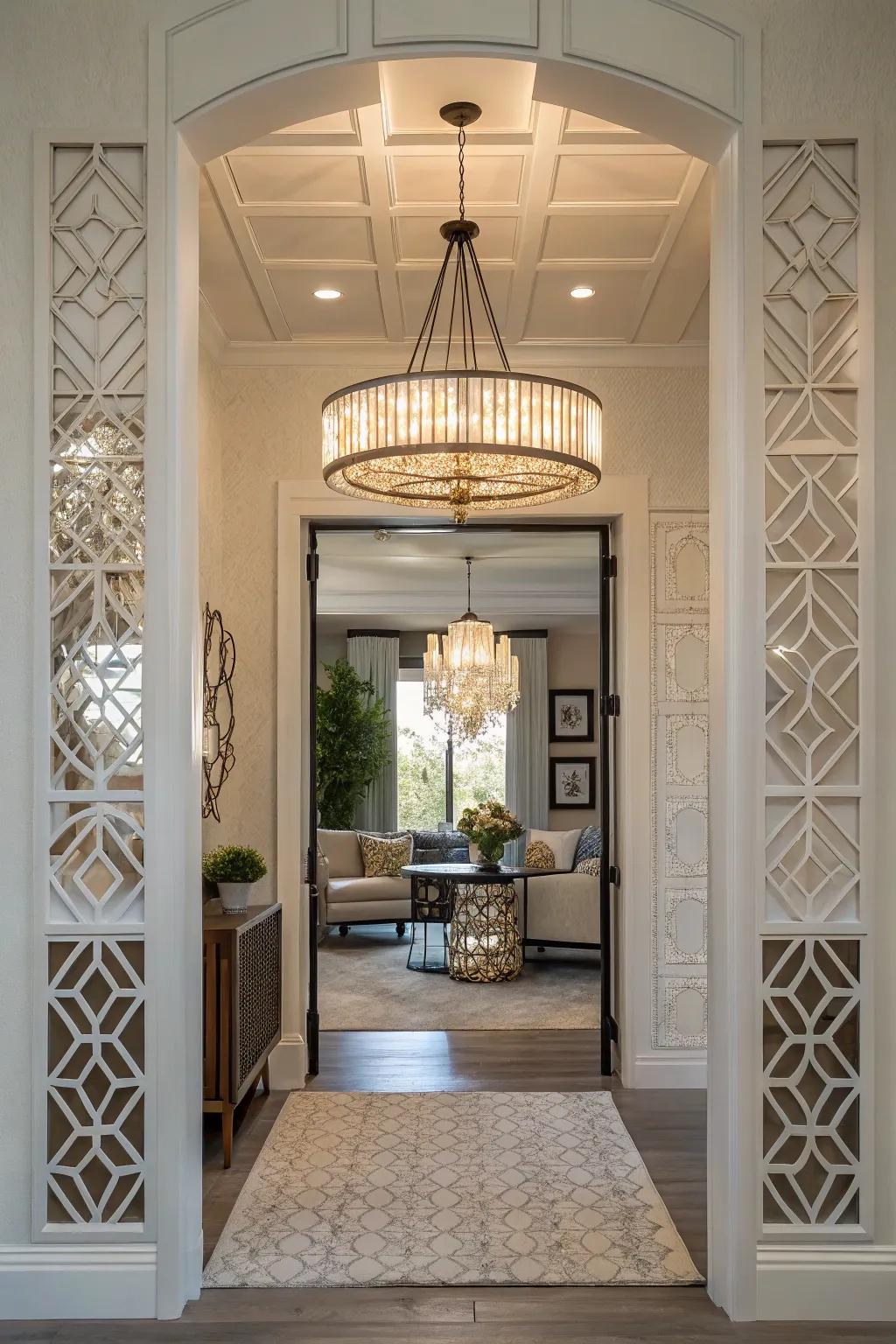 A petite chandelier in a comfortable entrance showcasing striking geometric patterns.