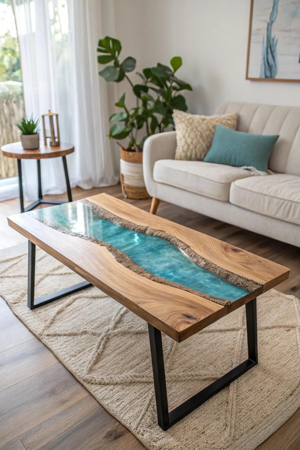 Introduce the tranquility of a meandering stream into your abode with this exquisite epoxy resin stream coffee table. A flawless fusion of organic elements and refined design.