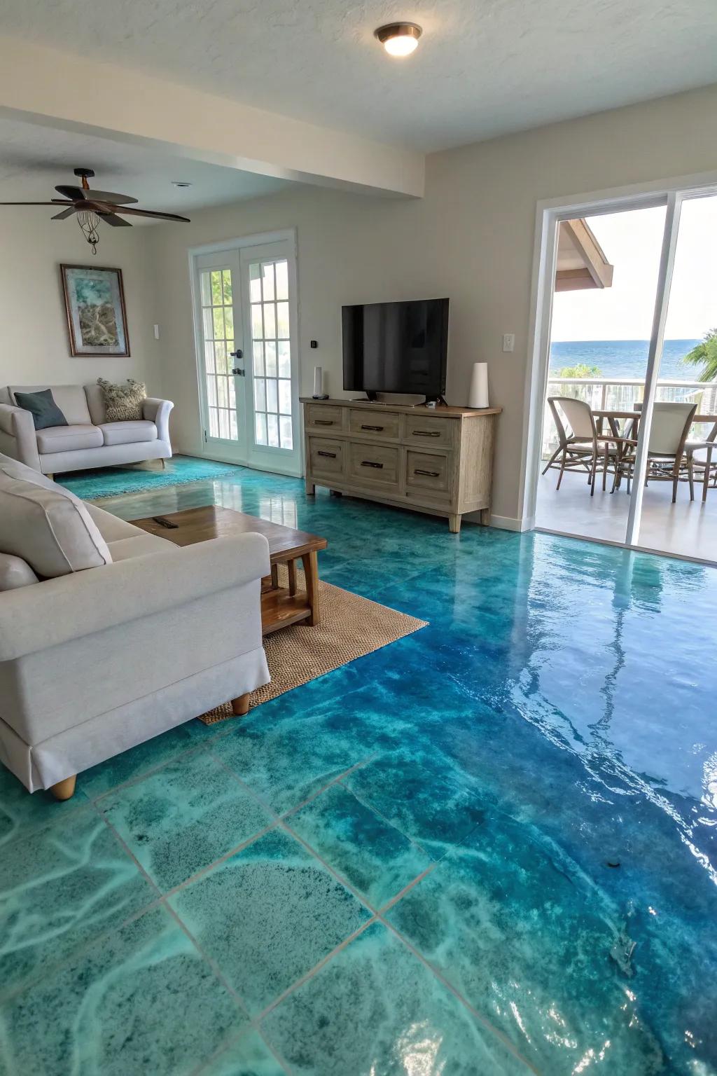 Imbue your dwelling with the serenity of the ocean through aquatic-inspired epoxy floors.