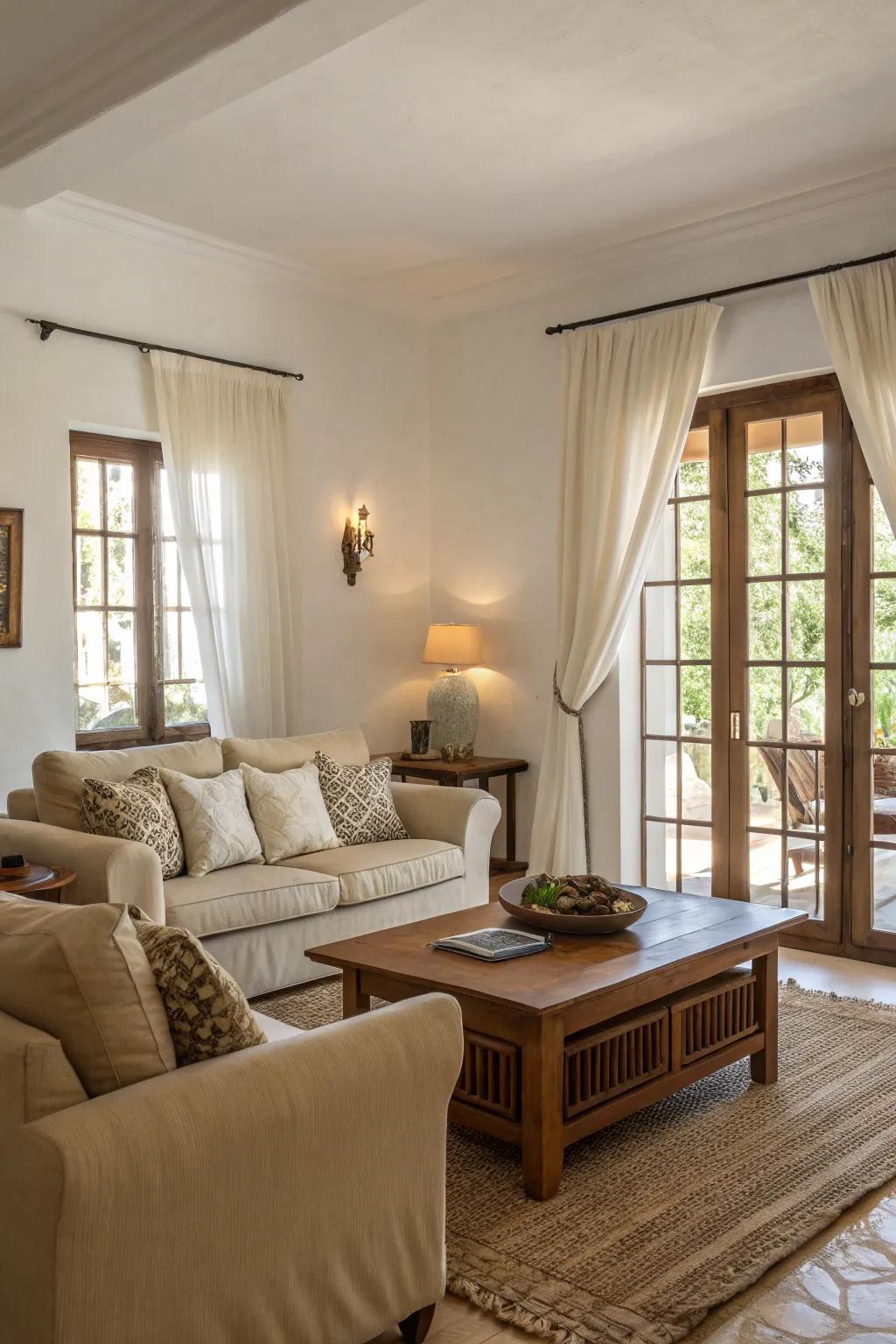 Neutral tones establish a serene atmosphere in this living room inspired by European design.