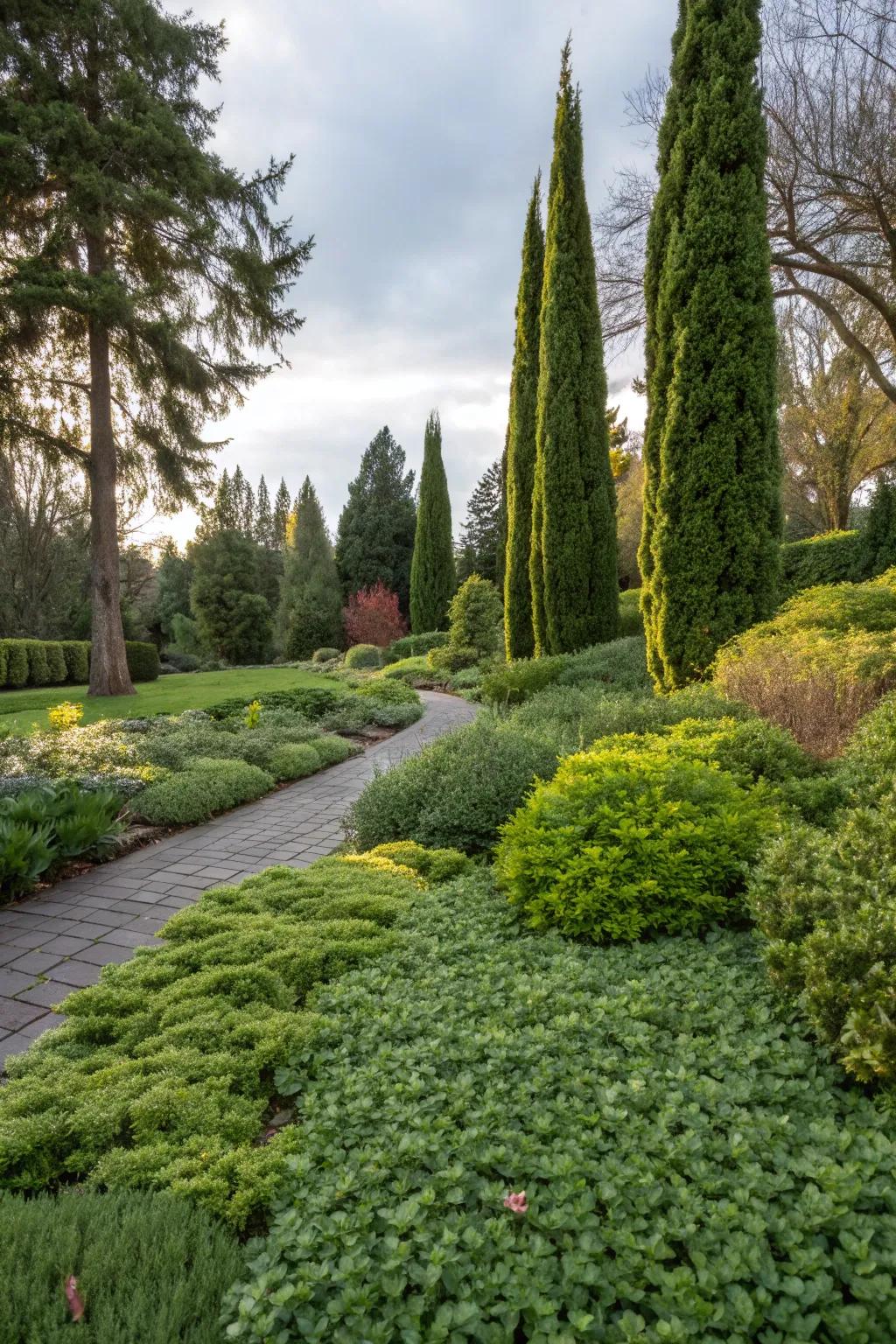 A garden showcasing a blend of soft ground cover and towering evergreen shrubs.