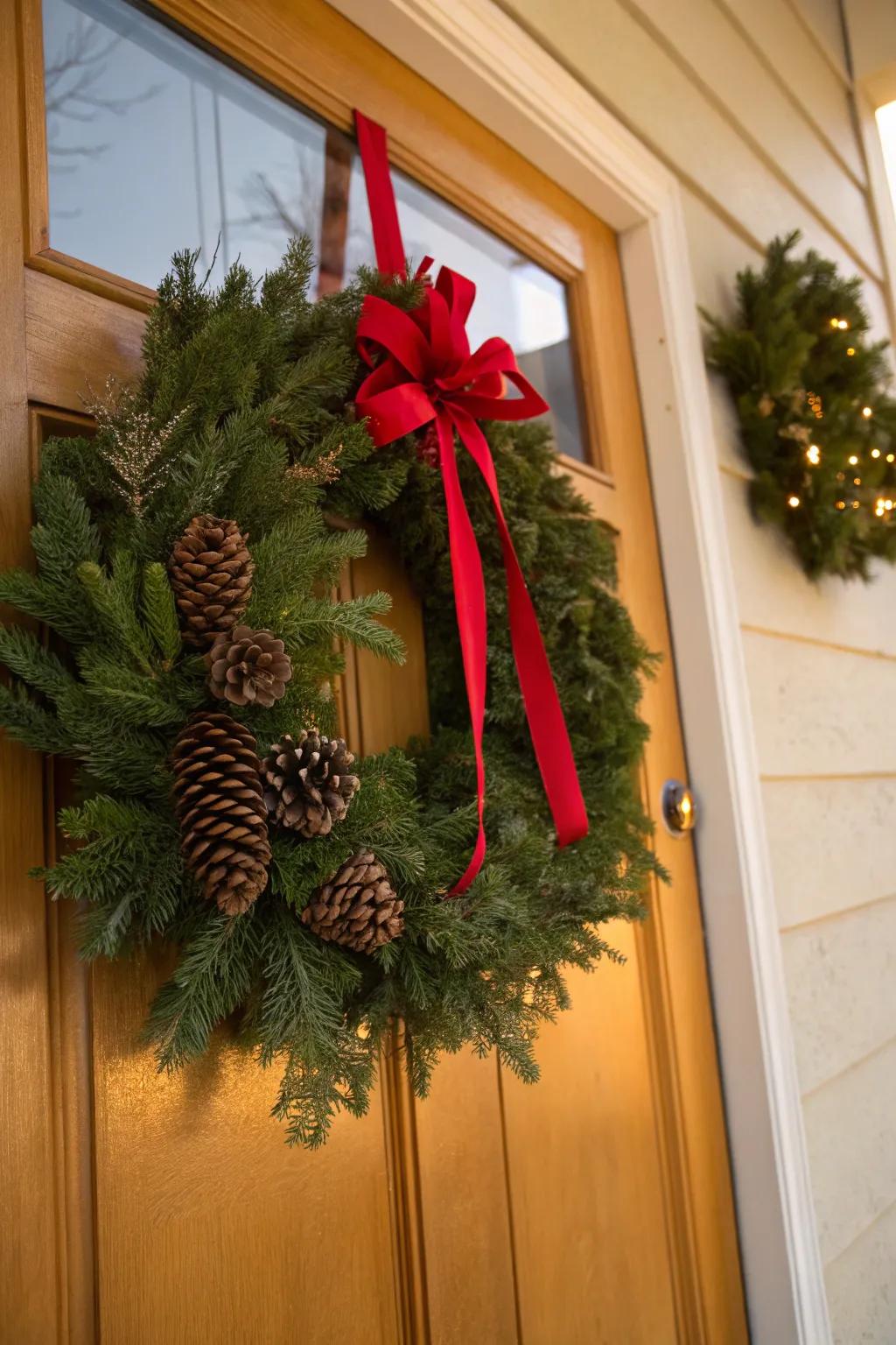 A classic Christmas swag featuring pinecones and a bold red ribbon displayed on an entrance.