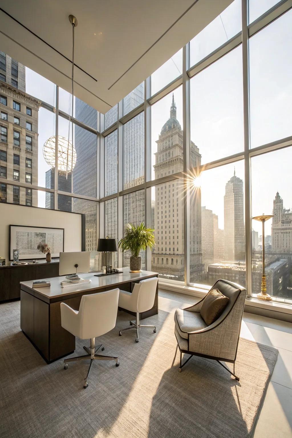 A sophisticated office is filled with natural light, showcasing its minimalist design.