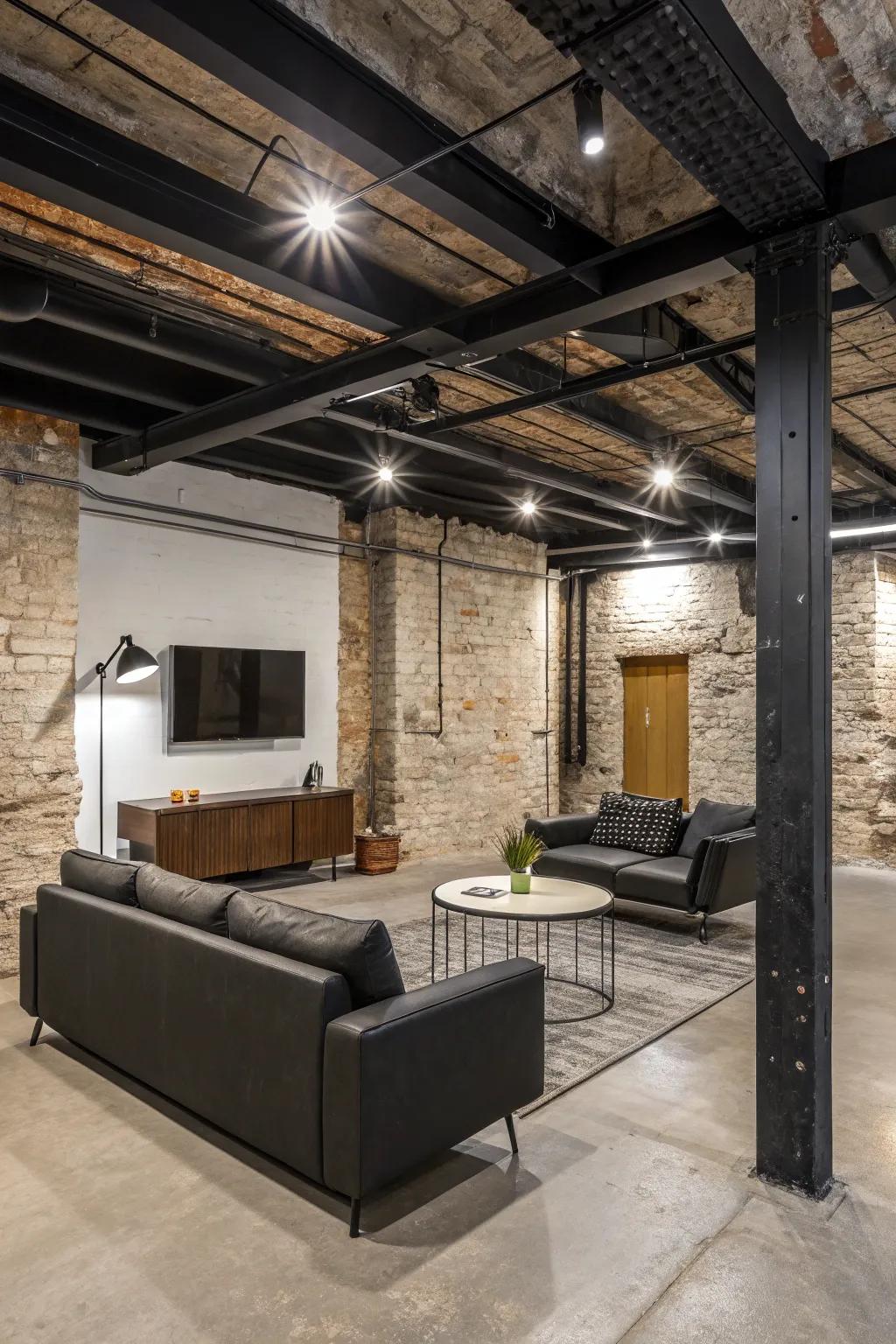 Realize a sleek industrial look with exposed ceilings painted black and complemented by contemporary decor.