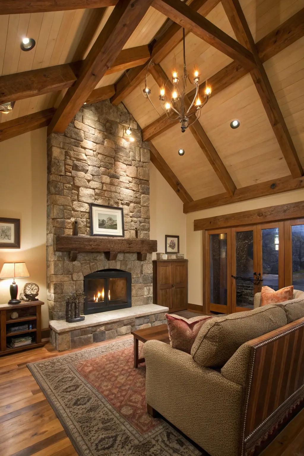 The presence of rustic wooden beams introduces both coziness and character.