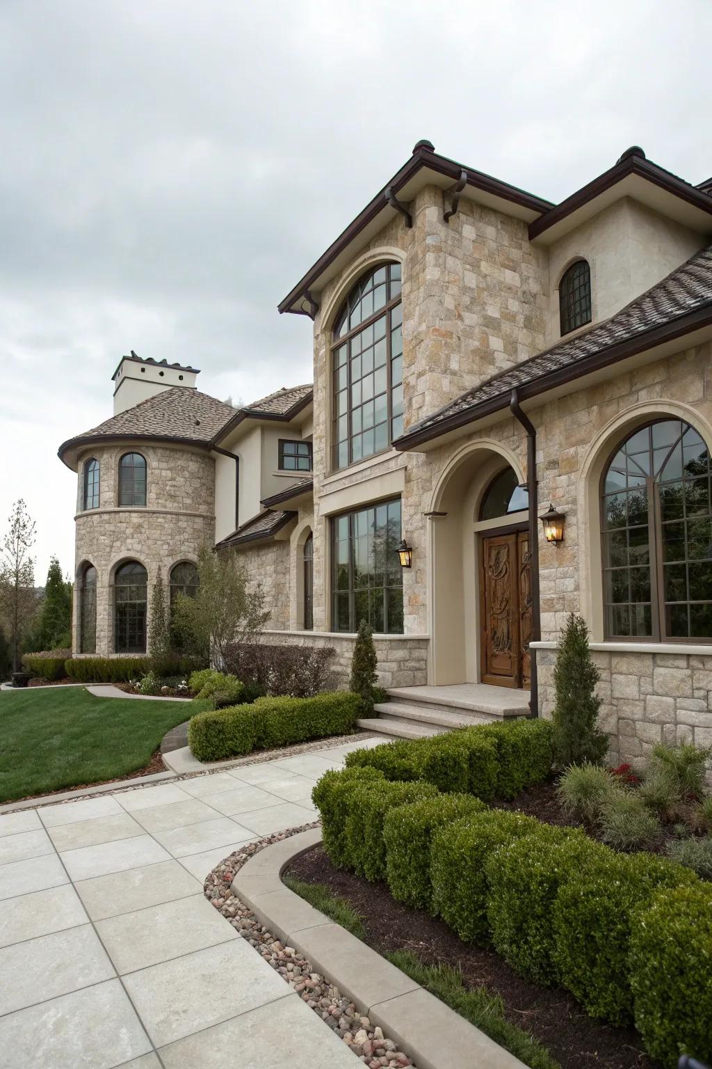 A modern European-style home showcasing a blend of stone and plaster.