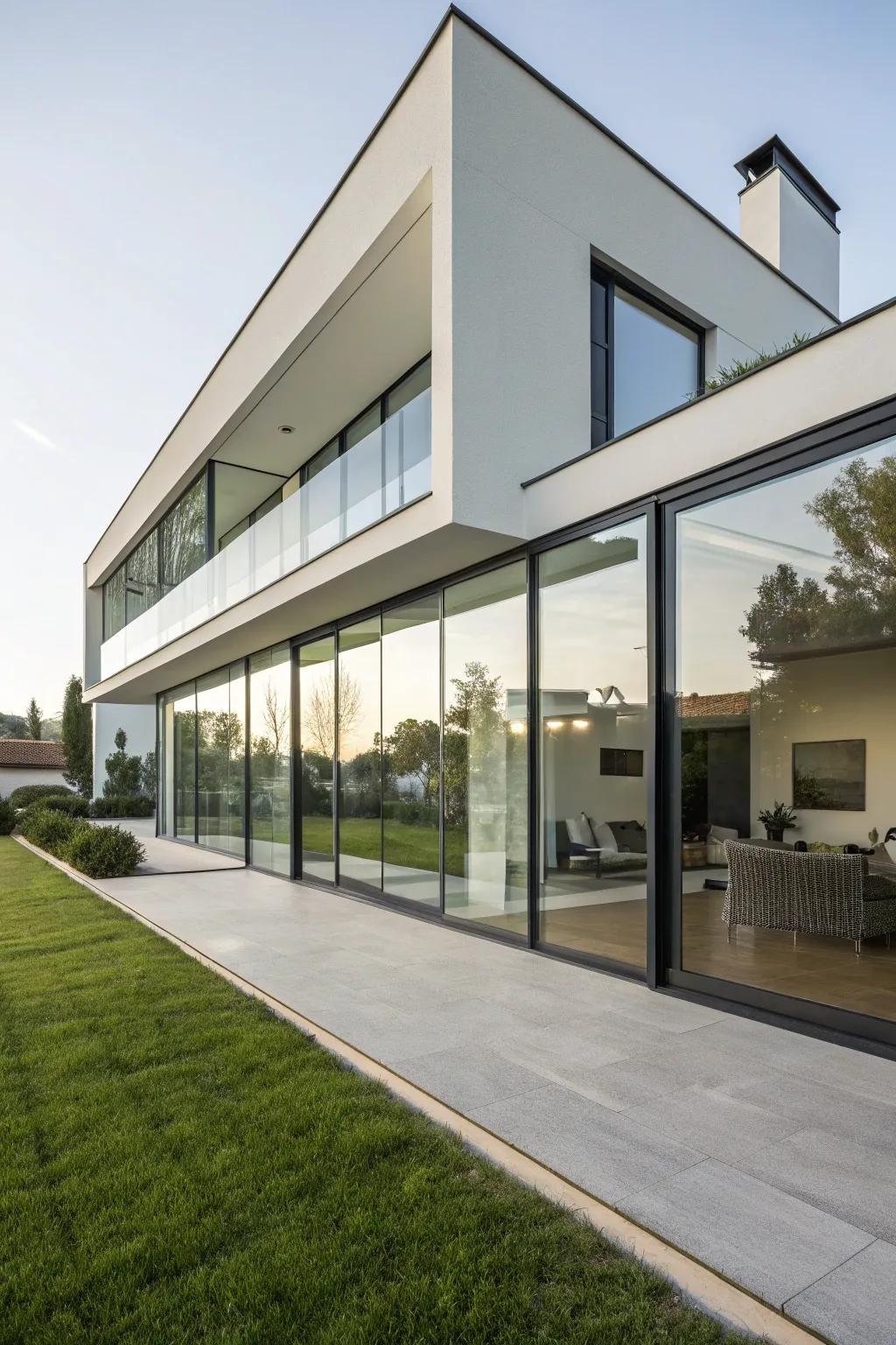 A streamlined, contemporary home exterior featuring expansive windows.