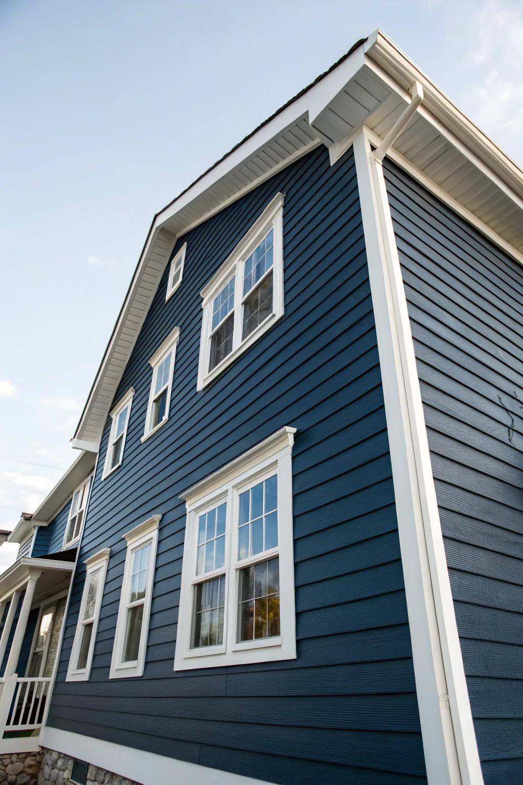 Crisp white window trims create a striking contrast against a deep blue facade.