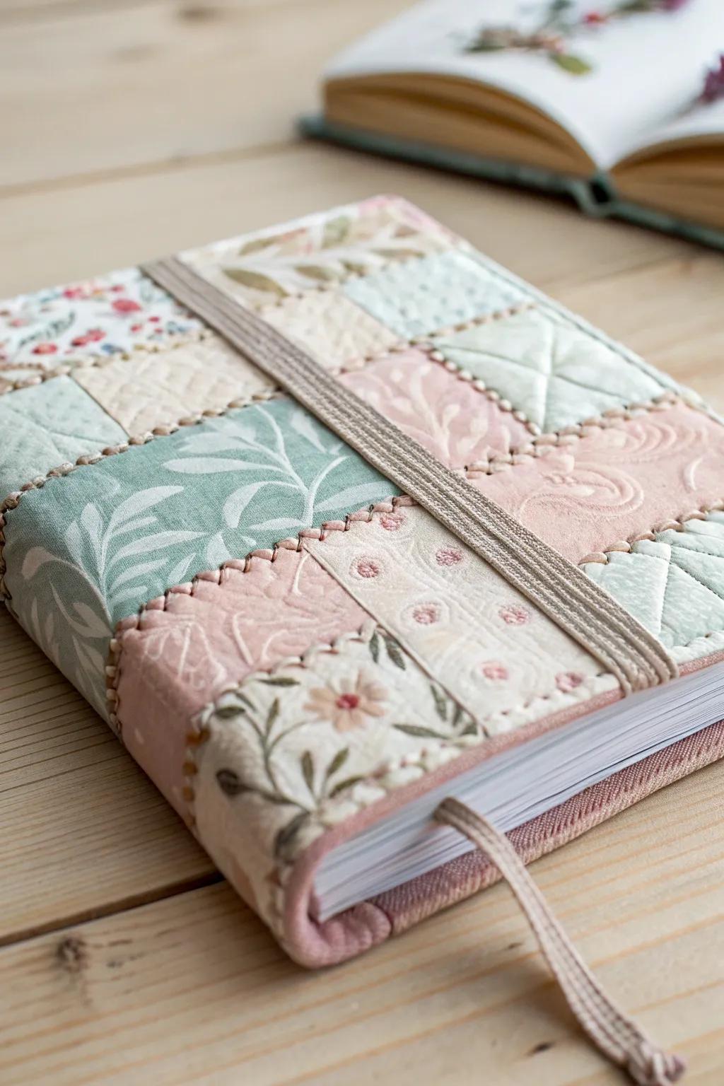 Appreciate the appeal of patchwork with a unique fabric book cover that speaks volumes about its creation.