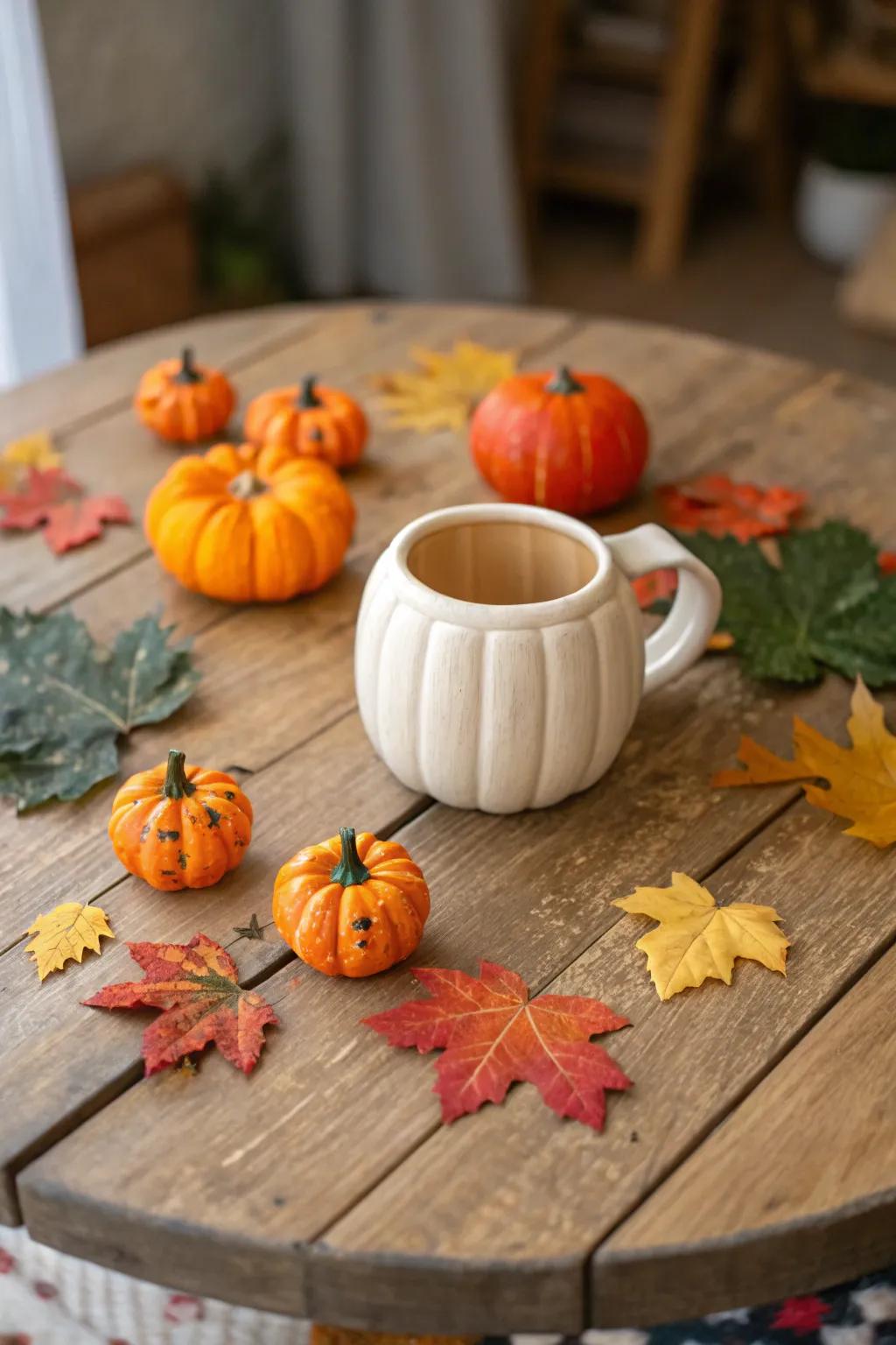 Pumpkin-inspired ceramic cup ideal for autumn.