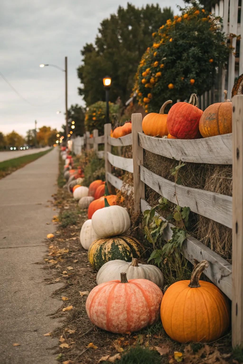 An assortment of pumpkins enhances a fence, crafting a festive fall scene.