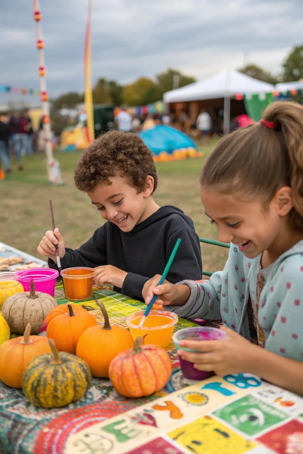 Children engaged in decorating pumpkins at a fall festival