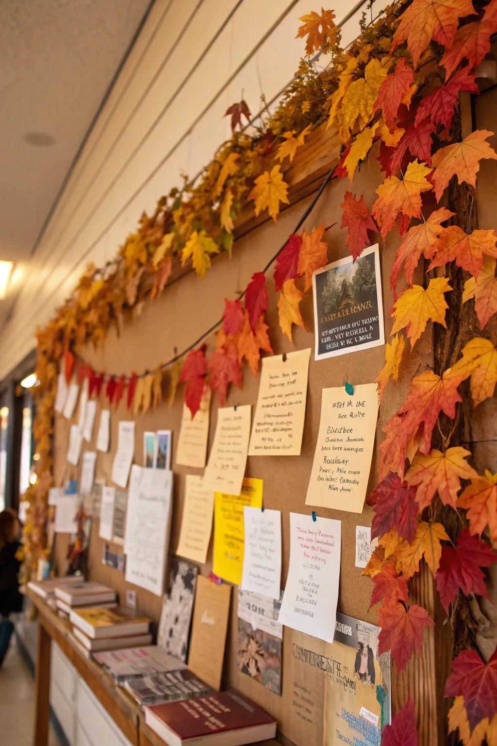 A vibrant collection of leaves and book titles showcased on an autumn-inspired bulletin board.