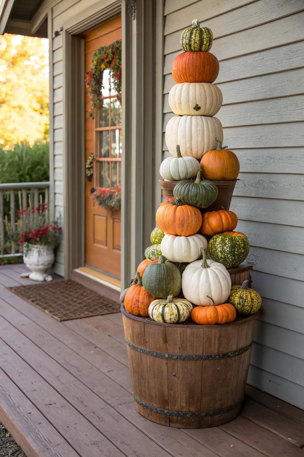 A gourd stack brings vertical interest and visual appeal to your fall decorations.