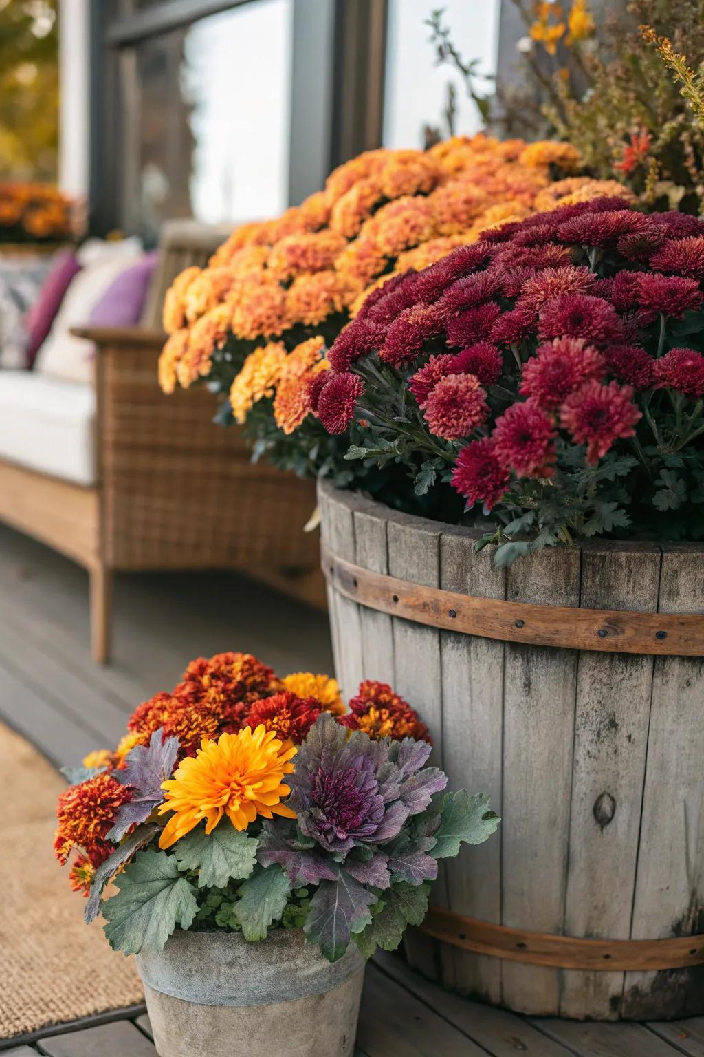 Enhance your outdoor area with a combination of garden mums and decorative cabbage.