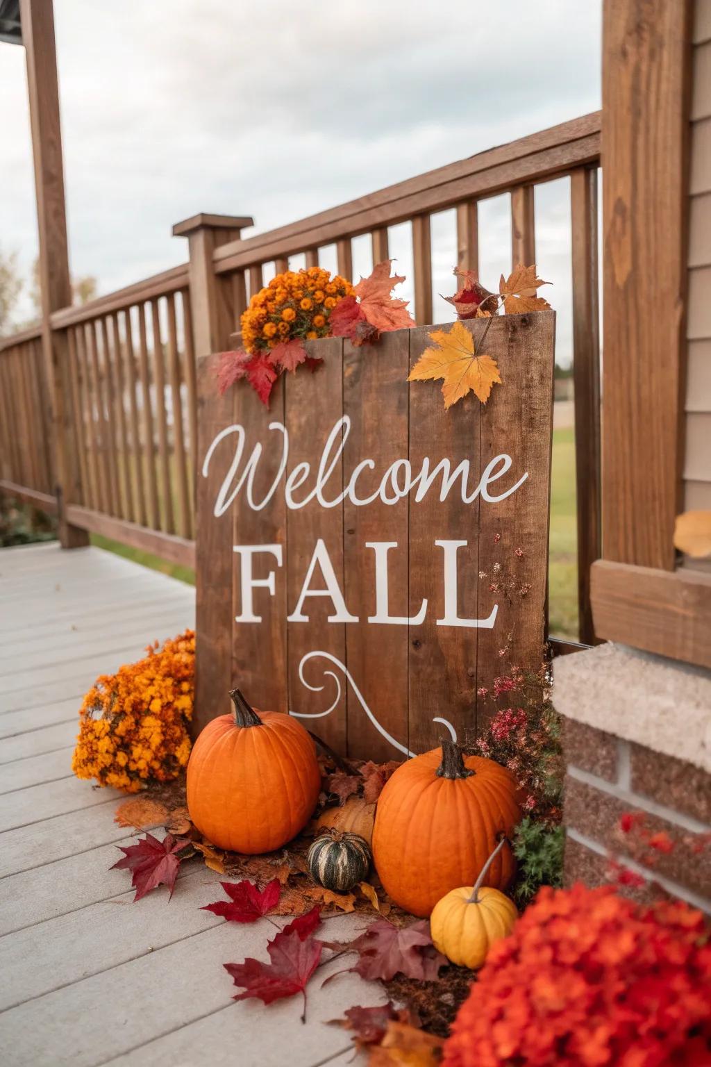 A rustic marker that warmly welcomes the autumn season.