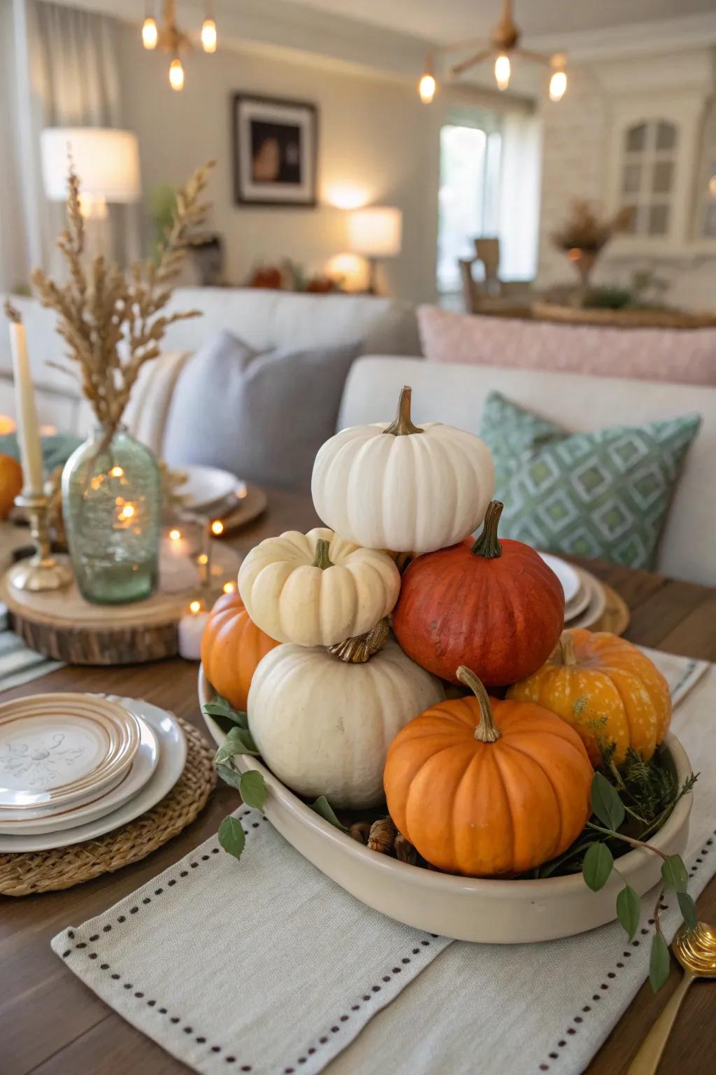 Employ pumpkins in diverse sizes to construct an engaging fall centerpiece.