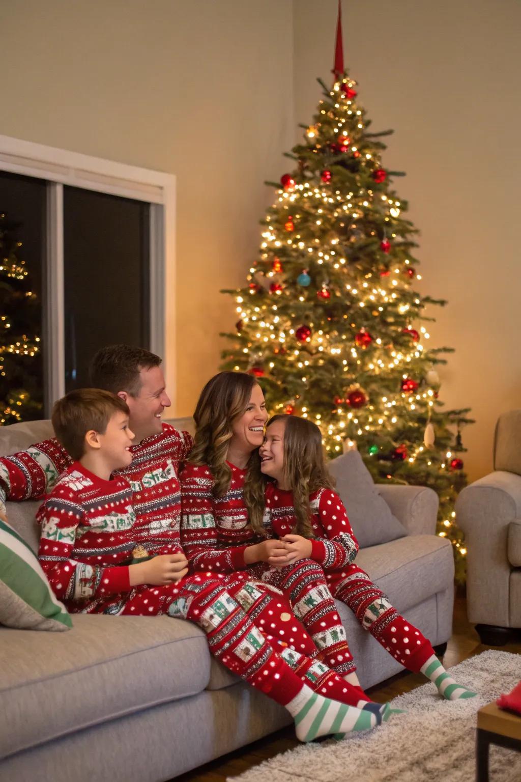 Craft a snug tableau with coordinated pajamas, perfect for a cheerful and festive family snapshot.