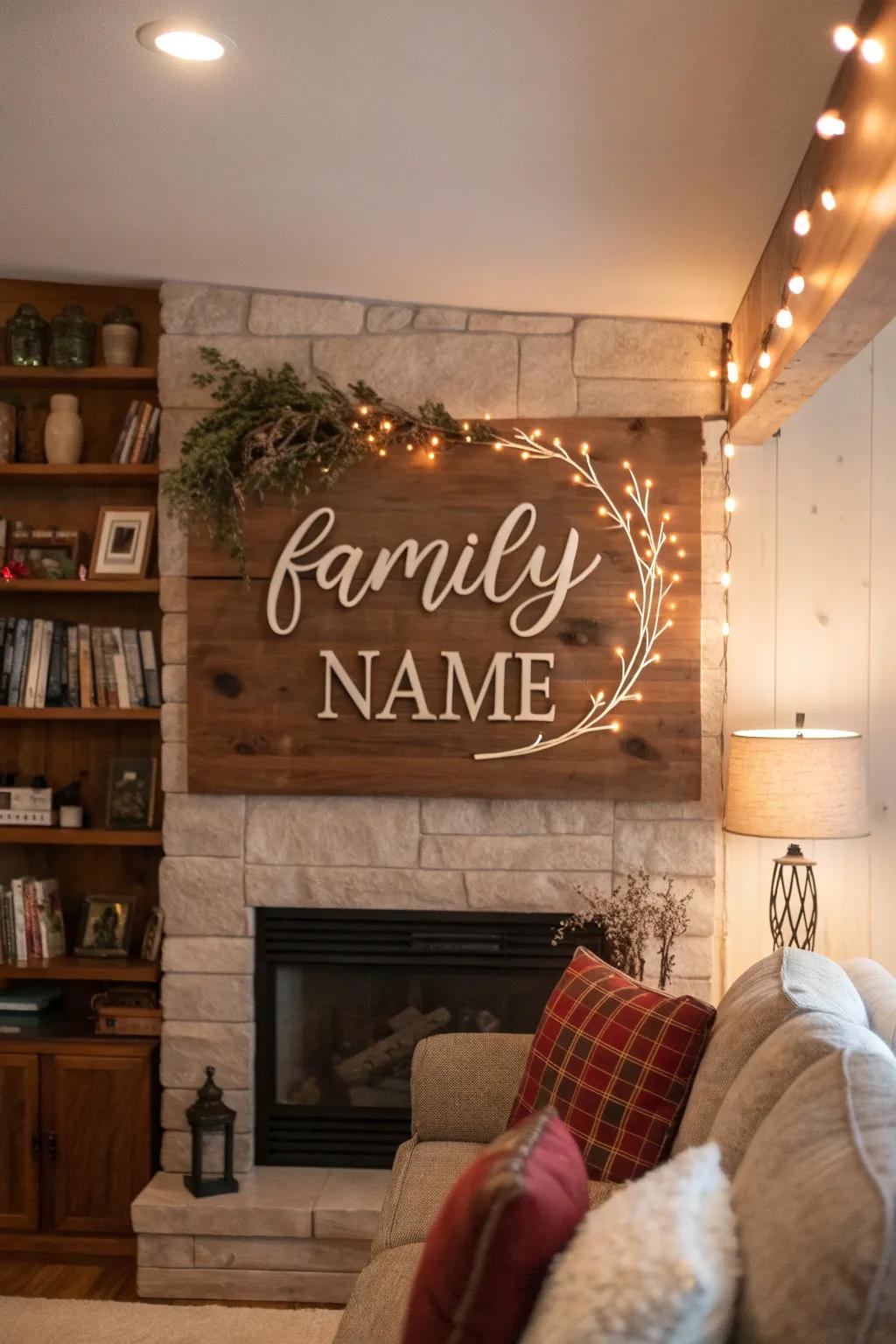 A traditional wooden family name panel radiates warmth in a living space.